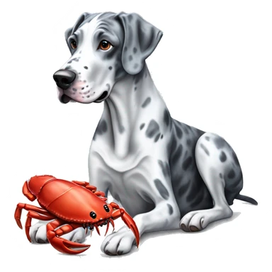 Blue Merle Great Dane eating red crab sticker