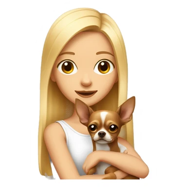 A blonde girl in her arms with a brown Chihuahua dog sticker
