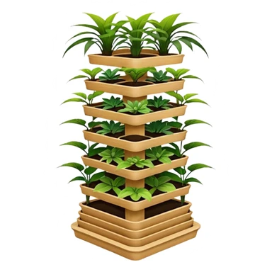 Very Large alien-futuristic multi-tier multi-level square-sided plant rack, which holds thirty-five plants, constructed from plywood sticker