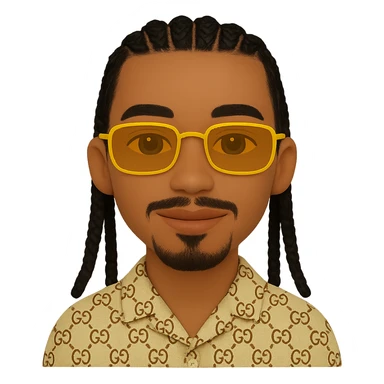 Create an emoji style smiley with a thin face, slightly lighter skin tone, beard only on the chin and a small mustache under the nose (no beard on the cheeks). The hair is black with very detailed braids as shown in the reference photos. The character wears rectangular golden sunglasses and a beige top with a GG pattern and visible collar. The background should be transparent. The details of the braids and face should be faithful to the reference photos. sticker