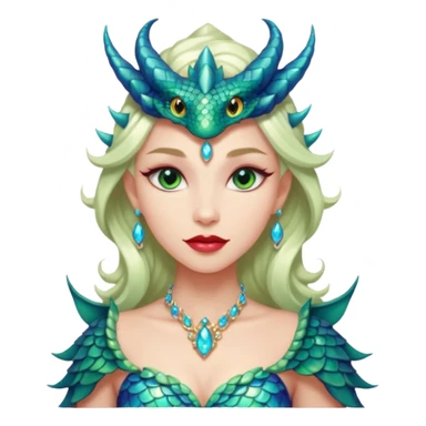 Am amazing blend of a half dragon woman with glittering jeweled scales covering her body. She has large almond shaped eyes, lush lips, and she wears a stunning luminescent gown. sticker