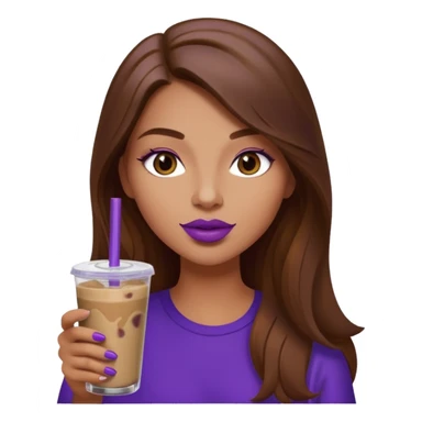 girl with long brown hair and wine lipstick drinking a blueberry butter pecan iced coffee with a purple straw  sticker