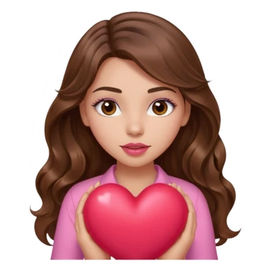 girl with long wavy brown hair, brown eyes, light to medium complexion, in a pink shirt, pink lips, long lashes, squeezing a big heart sticker