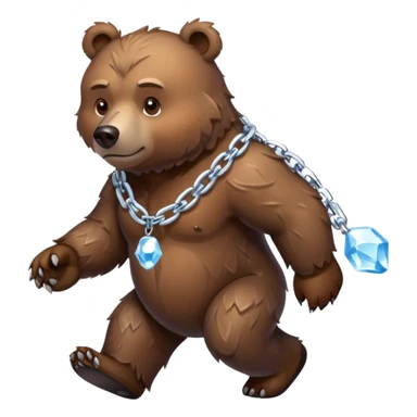 Fierce brown bear walking on four paws with an ice chain necklace, frozen chain links made of crystal clear ice, serious face sticker