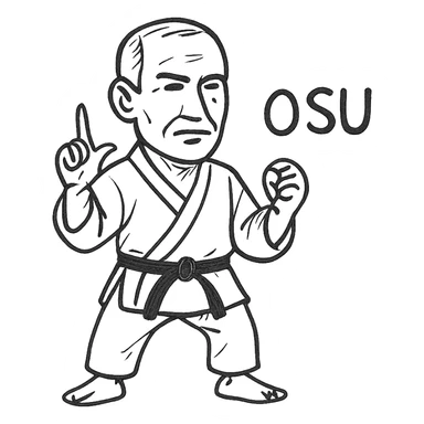 Make the Kyokushin karateka older with mature facial features, place him in the 'osu' position, keep the white gi, black belt, and 'osu' text in the same hand-drawn style. sticker