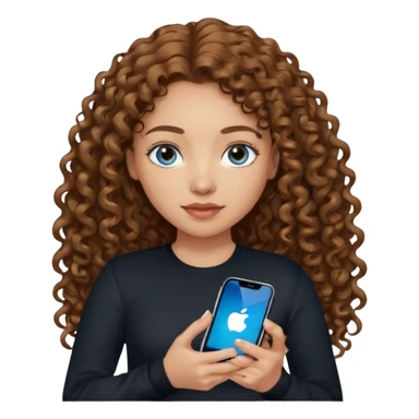 generate a pretty woman with blue eyes, light skin and medium brown long curly shiny hair holding an iphone she is looking at the phone and holding it in her hand. she is wearing an ALL black long sleeve sticker