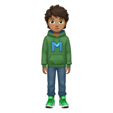 a 14 year old slightly tanned teenage boy with dark brown tousled wavy hair, dark brown eyes wearing a green tshirt, a dark green minecraft hoodie, blue jeans and green nike air jordans sticker