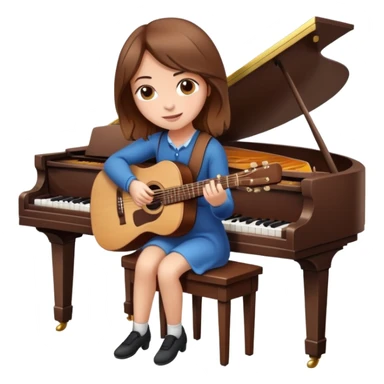 A girl with brown hair sitting at a piano and playing guitar sticker