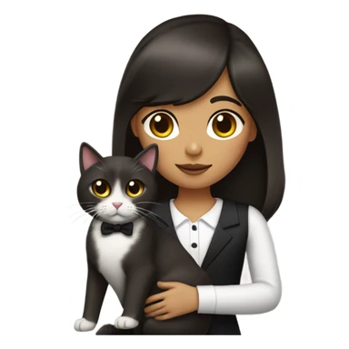 Dark brown haired girl with olive skin with straight across bangs and long hair holding a tuxedo cat sticker