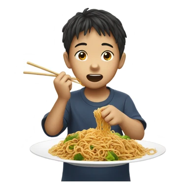 asian kid eating chow mein sticker