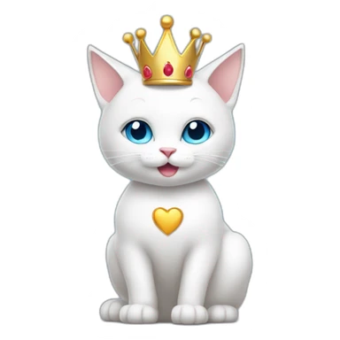 white cat with blue eyes and a crown on its head bites the heart with its paws sticker