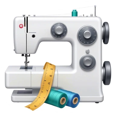 Sewing icon, sewing machine with thread, visible needle, spools of thread, fabric pieces cut according to patterns, scissors, and measuring tape, a piece of clothing in progress, minimalistic style, clean lines, transparent background. sticker