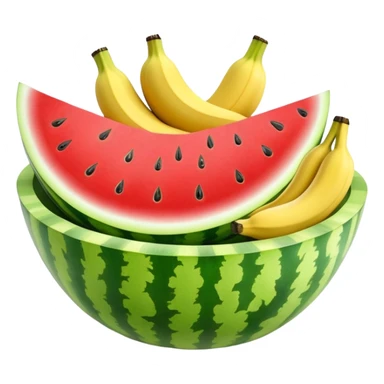 A simple 3D color illustration of a fruit bowl with watermelon, banana with realistic shading and texture, on a pure white background. sticker