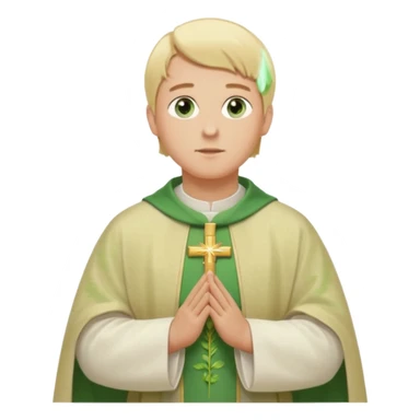 a priest, green eyes, blonde hair, light green chasuble. opening arms, gazing thoughtfully. Soft light, subtle fern. Waist-up, profile. sticker