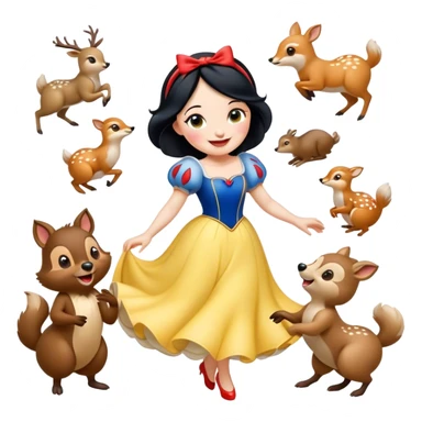 Cinematic Playful Snow White Portrait Emoji, Laughing while dancing with woodland animals, dress twirling gracefully, a whimsical sparkle in her eye, radiating charm and pure delight! sticker