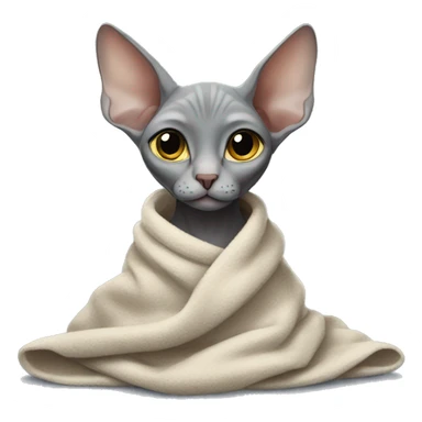 The grey sphinx cat sits wrapped in a blanket sticker