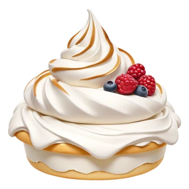 Cinematic Realistic Pavlova Dessert Emoji, showcasing a delicate meringue dessert topped with fresh fruit rendered with lifelike texture and soft natural lighting. sticker