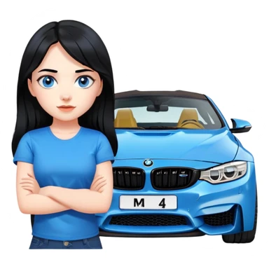 Make a cute Russian girl with black hair and blue eyes with a BMW m4 sticker
