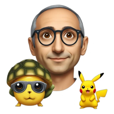 Eric Zemmour avec des lunettes de soleil sur une tortue géante et un Pikachu avec un canon sticker