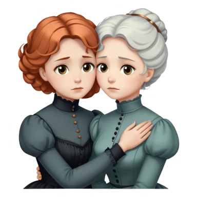Two Victorian women in a sad intimate hug, one with white coiffed hair and one with copper coiffed hair, both with grey eyes, wearing Victorian turtleneck dresses sticker