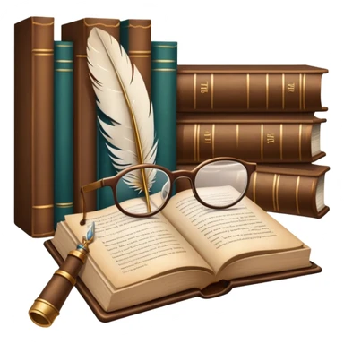 An icon featuring an open book with classic text, a feather quill, and reading glasses, symbolizing literary studies. The design includes old library shelves and vintage manuscripts in the background. Transparent background emphasizes the deep analysis of written works and literary history. sticker