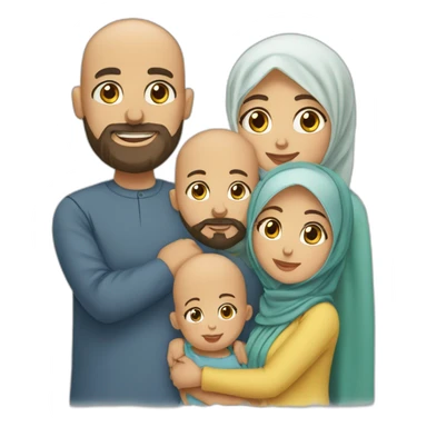 Muslim family with bearded and bald husband, hijab wife, Two boys and a new born daughter sticker
