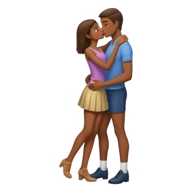 A naked girl with brown hair and bare small breasts openly kisses a tall guy with brown hair full-length on the lips. she is with naked boobs She is wearing a very short skirt and is in full height.she also all naked boobs She holds the man by the neck and has one leg raised and he holds that leg. sticker