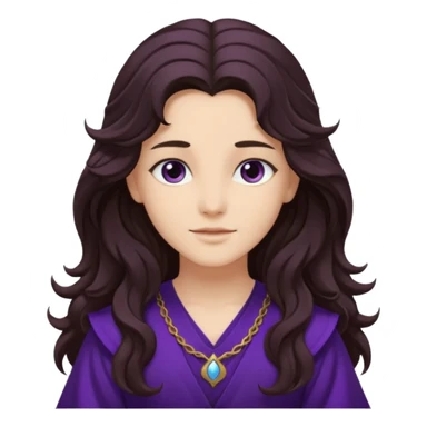 Libera from Olympus Gods with long dark brown wavy hair, deep purple tunic sticker