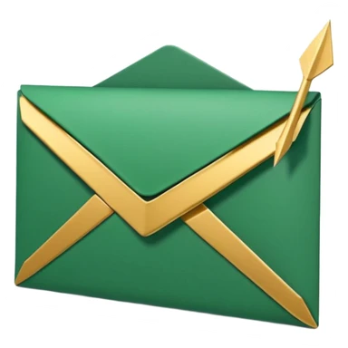 3D minimal envelope icon slightly open with subtle upward arrow coming out, matte finish, deep green (#0B3D2C), gold (#C9B037) arrow accent, Apple style, ultra sleek and clean, soft shadow, transparent background sticker
