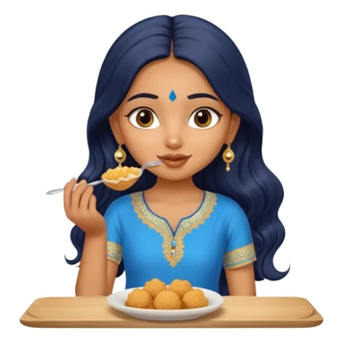 a pretty tan indian bratz girl. eyeliner on, wearing a blue kurti, eating golgappa. NO SPOON. wavy long BLACK coloured hair sticker