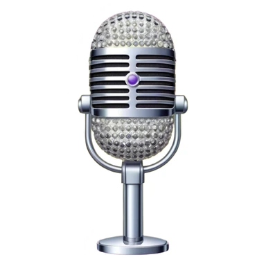 Create a glamorous and vibrant emoji representing stage vocal performance. The design should feature a classic vintage microphone at the center, surrounded by an eye-catching stage costume covered in rhinestones, sparkling brightly. The costume should be stylized, with glittering elements like sequins and sparkles, and reflect the glitzy, extravagant nature of show business. The microphone should have a sleek, retro look with chrome or metallic accents. Use rich, dazzling colors like gold, silver, deep purple, and bright red to evoke the glamorous, larger-than-life feel of a stage performance. The background should be transparent. sticker