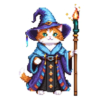 A cat wizard casting a spell with magical staff and flowing robes sticker
