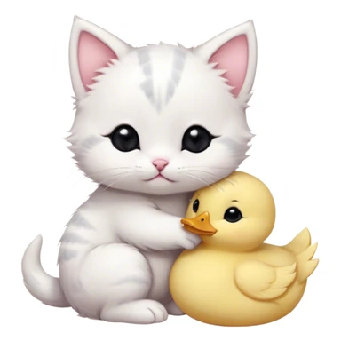 A simple and cute white kitten with pink blush on its cheeks and three short gray lines on its head. The kitten is hugging and biting a yellow, fluffy little duck that looks like a plush toy or a cookie. There is some kitten drool on the duck's head. The overall style is hand-drawn, with simple lines and a soft, adorable look. The kitten has round black eyes and a silly, innocent expression. The little duck looks helpless. sticker