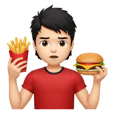 generate a pretty fair bratz boy with a messy mullet (black hair), wearing a red tshirt. eating a burger and fries, big biceps sticker