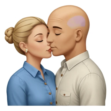 Mid aged Hispanic bald man kissing mid aged dark blonde white woman. She’s wearing a bun. He’s wearing a button down shirt. sticker