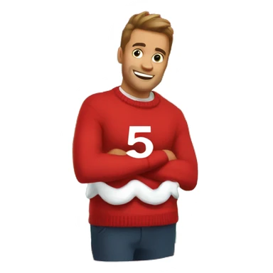 Red christmas sweater with thing 5 written on it with white letters sticker