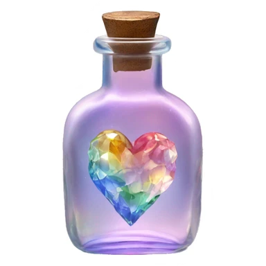 Antique oil heart bottle made of crystal glass of all gentle colors of the light rainbow, a living flower fairy sits at the bottom of the bottle sticker
