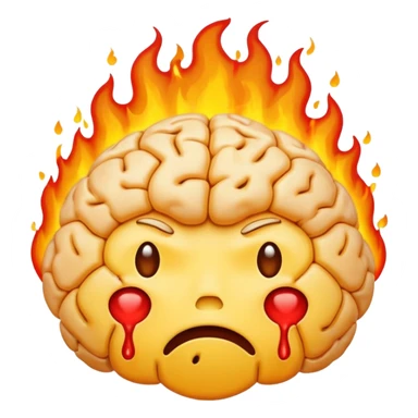 sad face yellow emoji with brain in the fire sticker