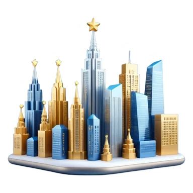3D emoji of Moscow City business district skyline. A cluster of stylized skyscrapers with different shapes (gold, blue, silver). Decorated with tiny glowing Christmas lights. Soft 3D render, clay and glass textures, Apple aesthetic, isolated on a white background. sticker