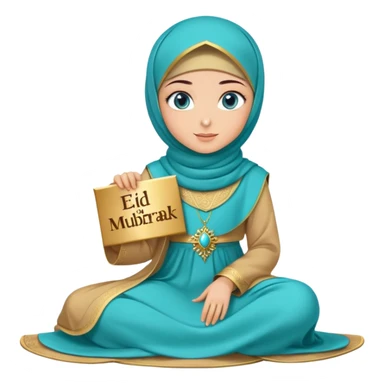 Turkish beautiful finish Konya girl blue eyes with gold hijab and islamic long tailed turquoise dress on the ground and had on her hand text Eid Mubarak  sticker