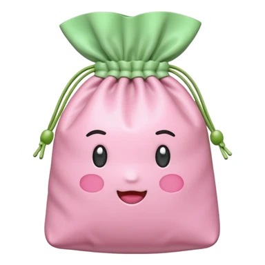 A Korean fortune pouch (bokjumeoni) in iPhone emoji style, pastel pink and light green colors, soft 3D glossy texture, centered, no outlines, transparent background. sticker