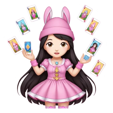 pixel art chibi asian girl with dark long hair in pink bunny hat magical girl with tarot cards thrown in air pixel emoji sticker
