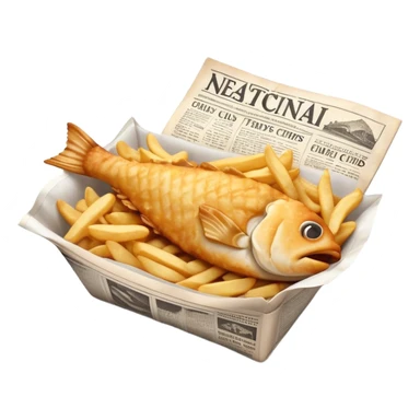 Cinematic Realistic Fish and Chips Dish Emoji, depicted with crispy golden battered fish and chunky hand‚Äêcut chips served in traditional newspaper wrapping, rendered with mouth‚Äêwatering texture and warm natural lighting that captures its quintessential British charm. sticker