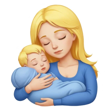 Mother is holding a baby, the mother has yellow hair and pink clothes, the baby is sleeping in blue clothes sticker