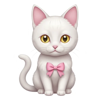 white cat sitting and she has a pink small bow on her right ear,she has golden eyes,she's fully white,even her ears,the only color is the pink small bow on her right ear,the cat is small sticker