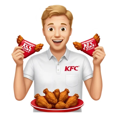 "Create an emoji of a white man holding KFC chicken wings with a happy and excited expression. Make sure to add the text 'KFC ABSOLUTE CINEMA ✋😮🤚' in large, bold letters, covering the entire screen and standing out clearly. This text must be included. Use a vibrant and expressive style." sticker