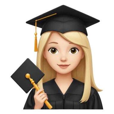 white girl with straight hair, holding diploma, black graduation cap and gown, cheerful sticker
