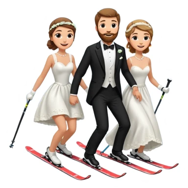 a couple skiing, man with a beard in a tux and woman in a wedding dress on their skiis going down a slope sticker