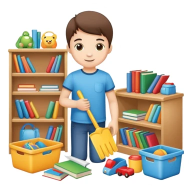 child tidying up their room, putting toys and books away, cheerful and organized sticker