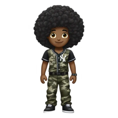 Crea un muchacho rockero, con pantalón camuflageado y una playera negra de NY yankees, con cabello tipo afro , brazos tatuados y un letrero que diga tichobboy sticker